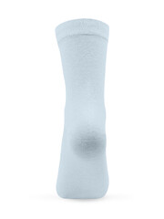 Isolated long blue sock on invisible mannequin foot on white background, back view