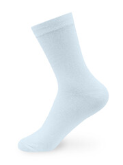 Isolated long blue sock on invisible mannequin foot on white background, side view
