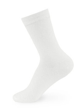 Isolated long white sock on invisible mannequin foot on white background, side view