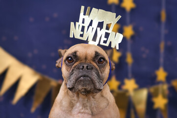 Cute French Bulldog dog wearing New Year's Eve party celebration headband with text 'Happy new...