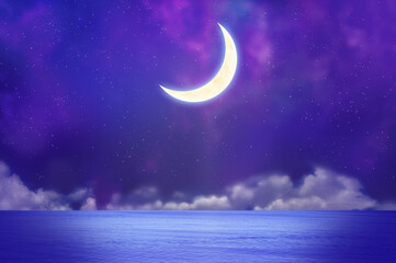 Obraz na płótnie Canvas 三日月と夜の海と雲