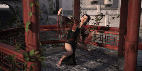 Obraz na płótnie Canvas Woman from China Posing Dance and Fighting Figures in Chinese Pavilion with Chinese Landscape Background. 3d rendering, 3d illustration, 3d art.