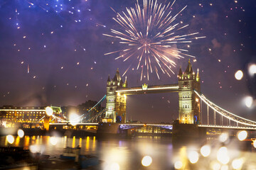 Fototapeta na wymiar Famous Tower Bridge in the evening with fireworks, London, England