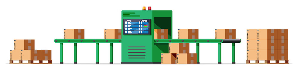 Conveyor belt machine concept isolated on white. Modern factory equipment. Warehouse process service. Package X-ray baggage. Security, logistic and delivery. Cartoon flat vector illustration