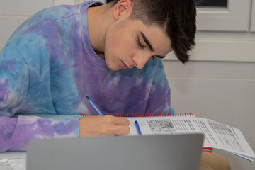student at home with computer studying and writing