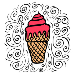 Hand drawn strawberry ice cream with decoration. Vector illustration.