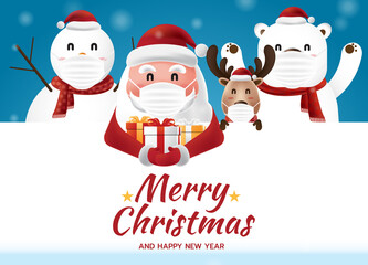 New Year greeting card with Santa Claus holding gift box, snowman, reindeer and polar bear are wearing medical mask