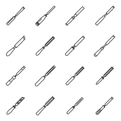 Carpenter chisel icons set. Outline set of carpenter chisel vector icons for web design isolated on white background