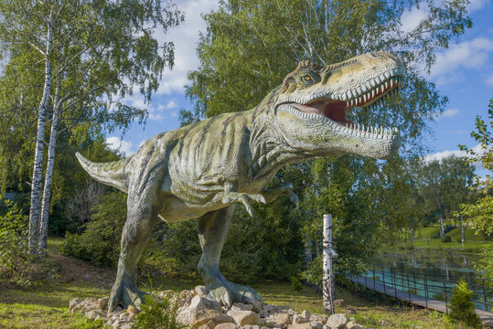 KOTELNICH, RUSSIA - AUGUST 30, 2017: Sculpture of Tyrannosaurus close-up on a sunny summer day