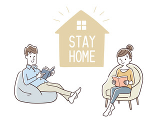 ベクターイラスト素材：おうち時間、ステイホーム、家で読書をする夫婦、カップル
