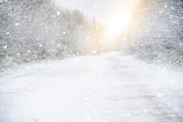 Blurred road through the forest. Winter background