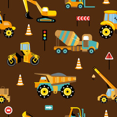 Construction machinery. Seamless pattern of special cars. Design for baby room, fabric, textile, wallpaper, packaging.	