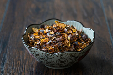 Dried Cascara Coffee Cherry Pulp and Outer Skin in Bowl.