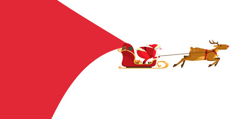 Santa claus with a deer brings a lot of joy and gifts in the new year red and blue background