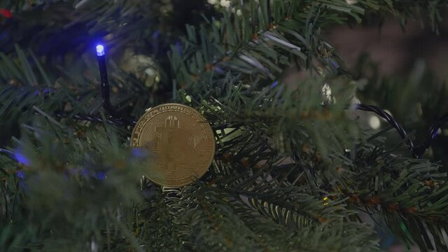 Christmas gift coin Bitcoin. Christmas present on the tree. Garland flickers with colored lights.