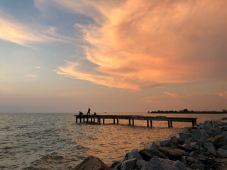 Fototapeta premium Sunset Orange Beach Rocks Fishing Relax Dawn Dusk Sky Clouds