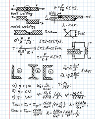 Physical notation with the equations, figures, schemes, plots and other calculations on notebook page. Retro handwritten vector illustration. Scientific and technology background.