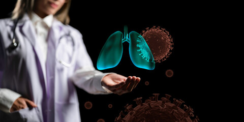 Doctor hand with graphics of lung and virus structure. 3D rendering