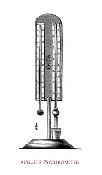 August psychrometer, device for measuring the atmospherical humidity with two thermometers, one with the bulb wet covered in distilled water prior the observation, old print