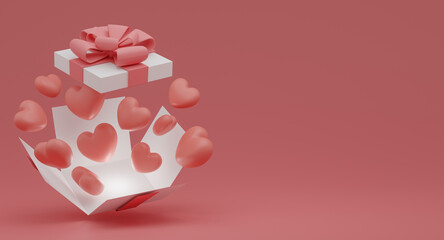 Valentine's Day concept, pink and white hearts balloons in gift box on pink background. 3D rendering.