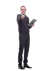 Handsome young business man showing a clipboard pointing with finger to the camera and to you, hand sign