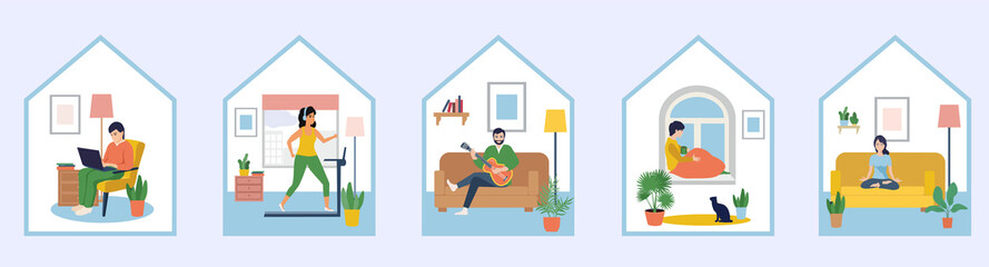 People sitting at their home. Quarantine, stay at home concept series. People sitting at their home, room or apartment, go in for sports, enjoying meditation, play musical instruments, work online