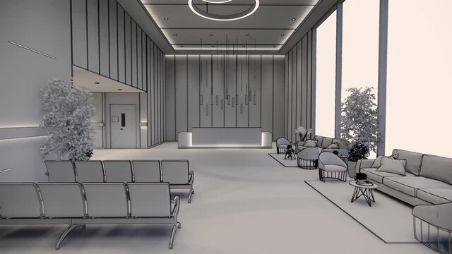 Lobby and waiting area in nursing  a clinic or hospital . 3d room and comfortable sofa rendering.Luxury patient bed  illustration.Modern hospital,health care concept.