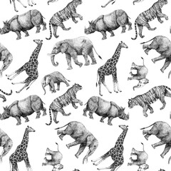 Beautiful vector stock seamless pattern with cute hand drawn safari giraffe elephant tiger monkey rhinoanimal pencil illustrations.