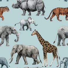 Fotobehang Afrikaanse dieren Prachtige vector voorraad naadloze patroon met schattige hand getrokken safari giraffe olifant tijger aap rhinoanimal potlood illustraties.