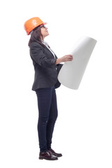 Businesswoman architect holding blueprints isolated on white background