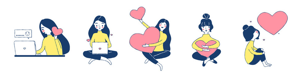 Bundle of blue hair girl in different poses with pink heart. Hand drawn doodle flat vector illustration design set. Young woman cartoon character smiling collection. Relaxing color concept