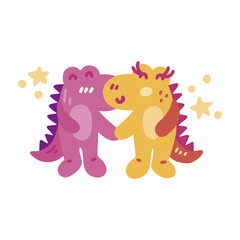 Cute colorful vector doodle with dinosaurs in love. Hand drawn dinosaurs with stars. Vector template for card, postcard, banner, poster, sticker and social media