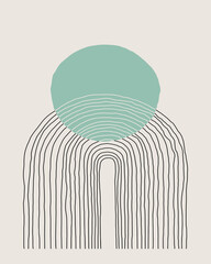 Abstract Modern Line Art in Black and Aqua on Cream