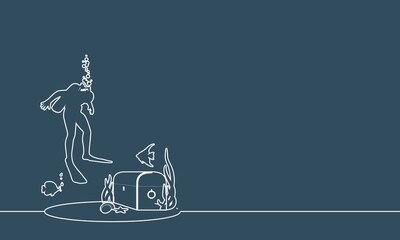 Silhouette of diver. Underwater world background. Underwater landscape with treasure chest and sea animals. Thin line style. Place for text