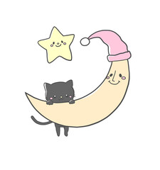 やさしいお月さまとお星さまと黒猫のかわいい手描き風イラスト