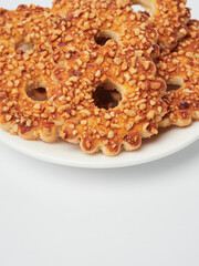tea biscuits, oatmeal cookies, oatmeal cookies on a white background, confectionery, bakery products