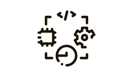 microchip programming code mechanical gear and infographic Icon Animation. black microchip programming code mechanical gear and infographic animated icon on white background