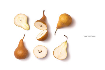 layout with pears on white background. whole and halved pears