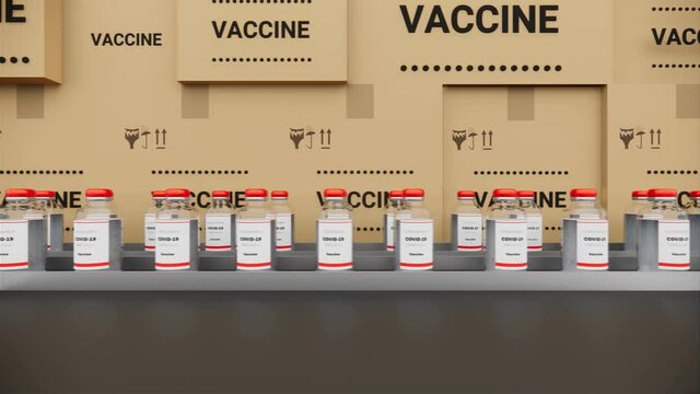 Vaccine bottles on the production line. Coronavirus vaccine has been certified and ready to injection. Many families are waiting to be vaccination from covid-19 and sars, loop 3d render animation.