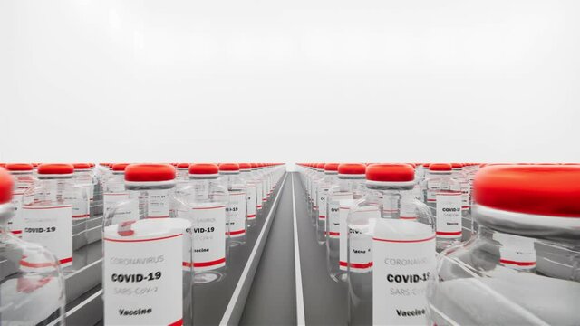 Vaccine bottles on the production line. Coronavirus vaccine has been certified and ready to injection. Many families are waiting to be vaccination from covid-19 and sars, loop 3d render animation.