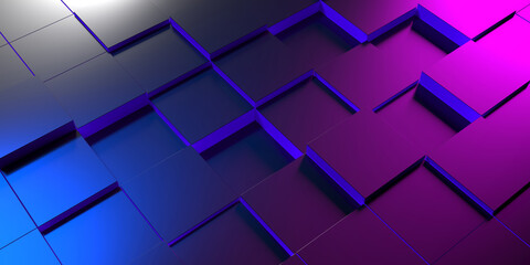 Volumetric cubes at different levels, illuminated in blue and purple. Dark background and image for wallpaper