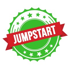 JUMPSTART text on red green ribbon stamp.