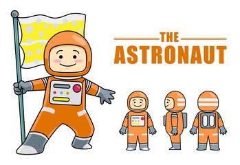 Stock Vector of Astronaut cute character holding the flag. Model sheet for animation. Great for mascot.