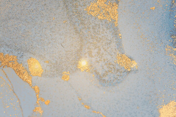 Grey, blue and gold stone marble texture. Alcohol ink technique abstract vector background. Modern paint with glitter. Template for banner, poster design. Fluid art painting