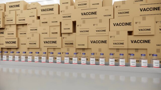 Vaccine bottles on the production line. Coronavirus vaccine has been certified and ready to injection. Many families are waiting to be vaccination from covid-19 and sars, loop 3d render animation.