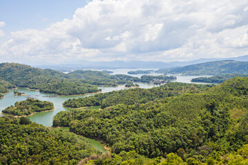 Beautiful view of Riam Kanan lake from the peak of Matang Kaladan hill in Banjar, South Kalimantan. Riam Kanan is a dam for power plant and conservation.