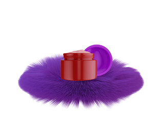 Presentation of skin cream on the podium of fluffy fur.