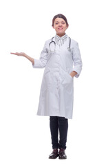 Portrait of friendly, smiling confident female doctor, healthcare professional with labcoat and stethoscope