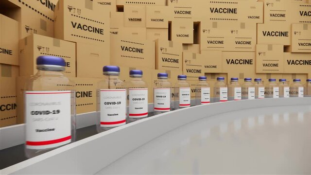 Vaccine bottles on the production line. Coronavirus vaccine has been certified and ready to injection. Many families are waiting to be vaccination from covid-19 and sars, loop 3d render animation.