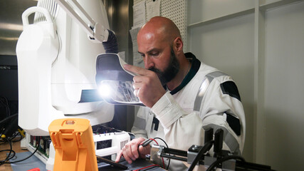 Electronics engineer working on repairing LED Nightclub Moving Head Light